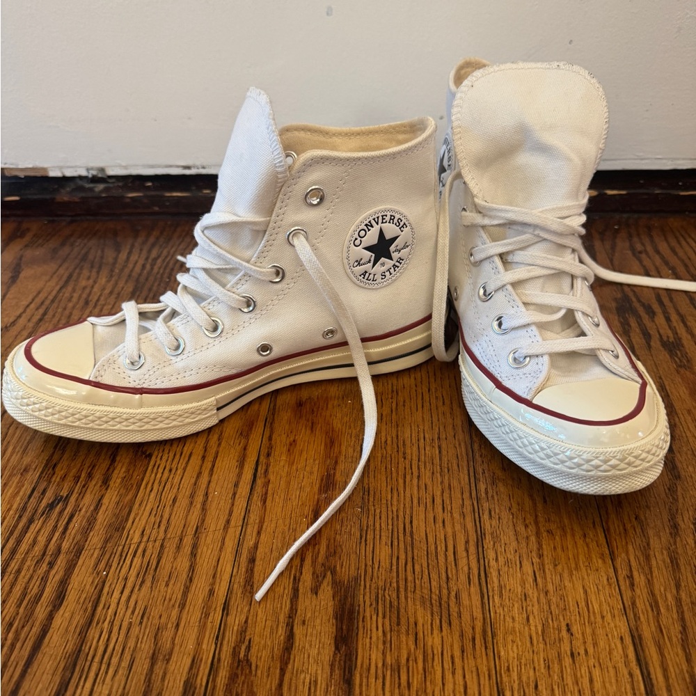 Converse White High Top Sneakers with Red Stripe